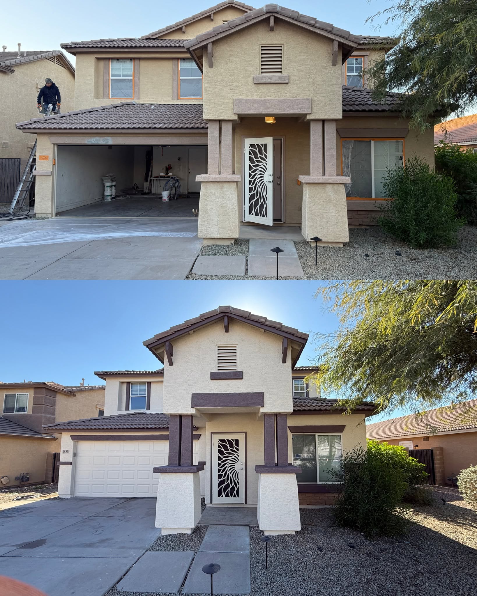 Two-story stucco house with white garage door and contrasting dark trim