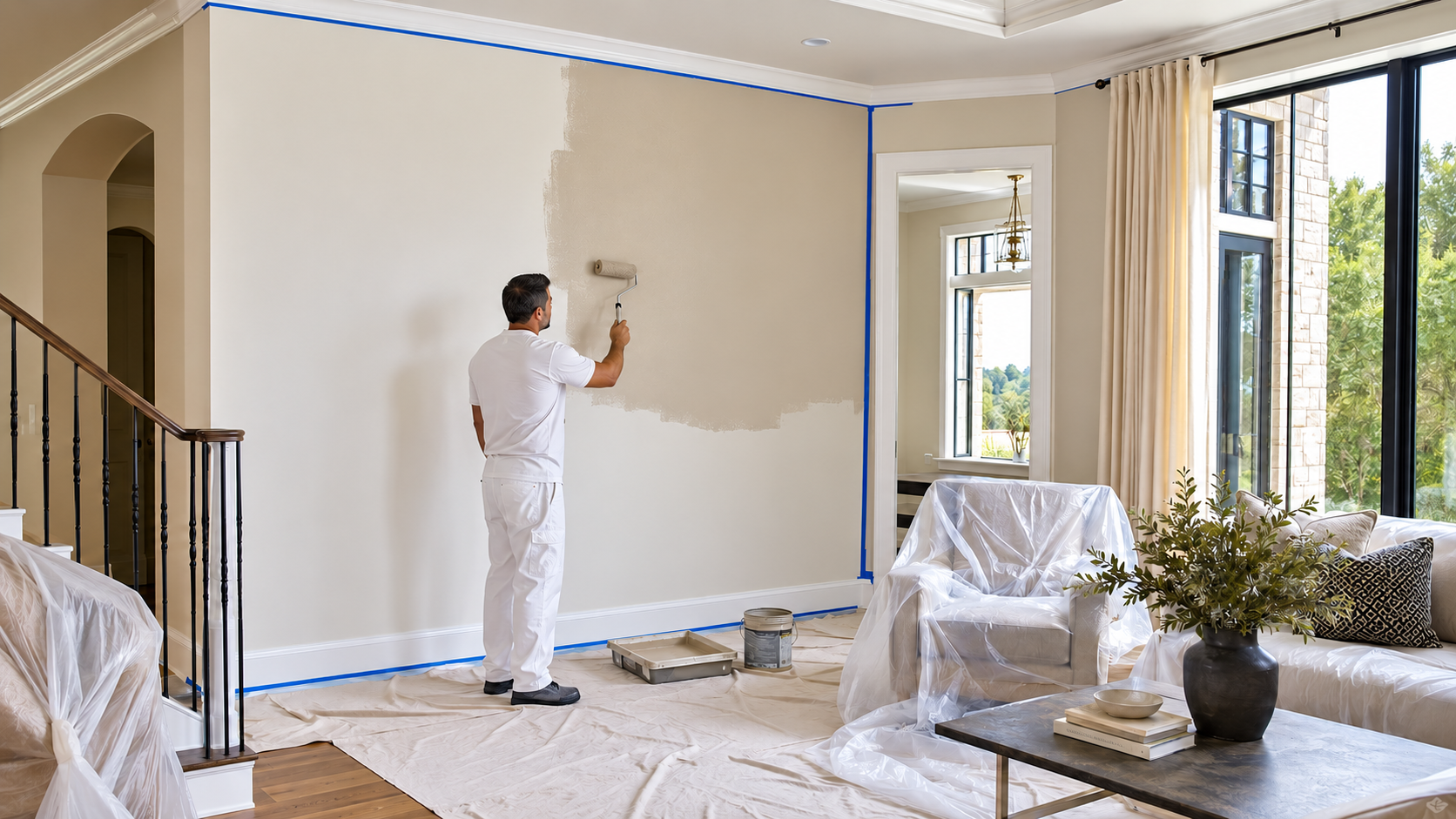 Painter applying interior wall paint in a room with protected furniture and floors