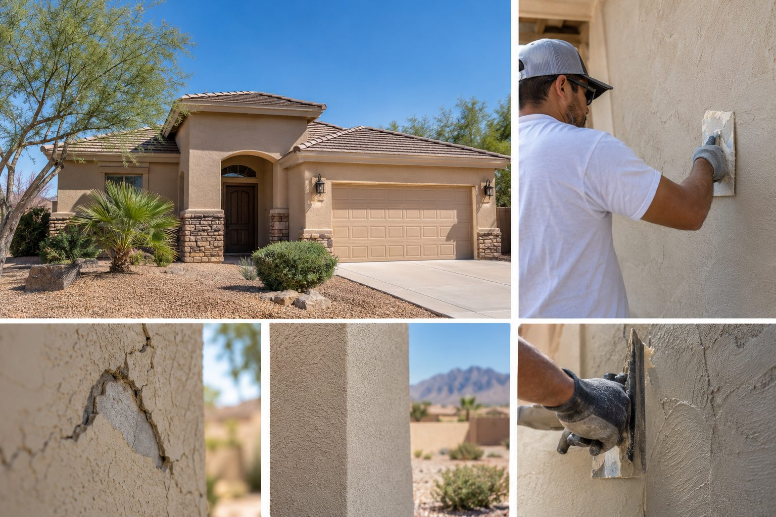 Collage of a stucco house exterior, surface damage, and stucco repair work